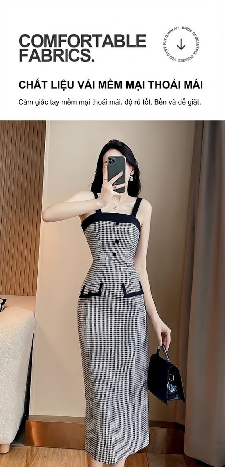 Set Áo Khoác Lửng Chân Váy Dáng Dài Họa Tiết Răng Sói Phong Cách Tiểu Thư Màu Đen Trắng chi tiết 4
