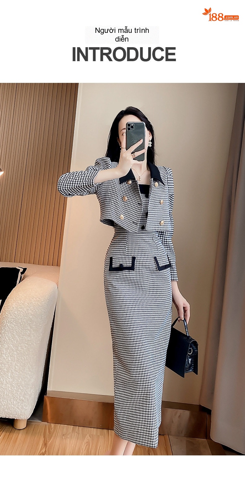 Set Áo Khoác Lửng Chân Váy Dáng Dài Họa Tiết Răng Sói Phong Cách Tiểu Thư Màu Đen Trắng chi tiết 6