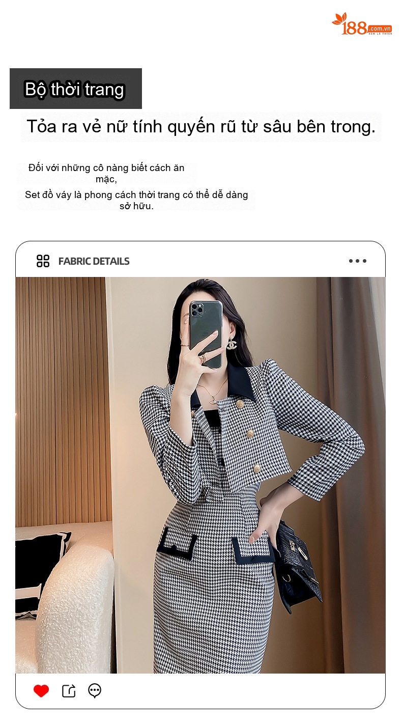 Set Áo Khoác Lửng Chân Váy Dáng Dài Họa Tiết Răng Sói Phong Cách Tiểu Thư Màu Đen Trắng chi tiết 3