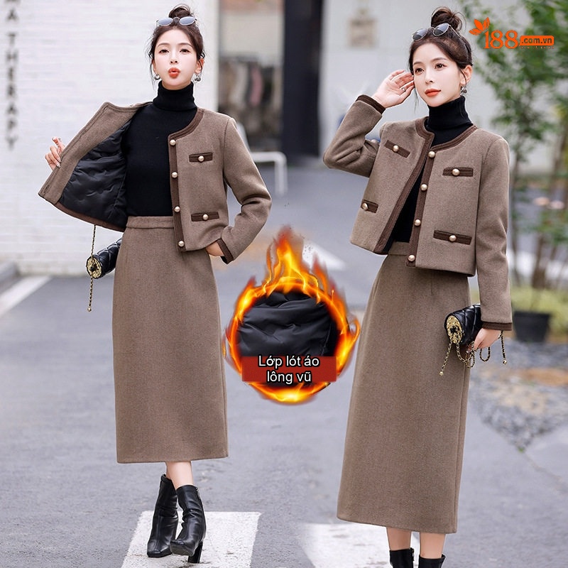 Set Áo Khoác Lửng Chân Váy Tiểu Thư Lót Lông Vũ Trắng Phong Cách Thanh Lịch Màu Nâu, Xám