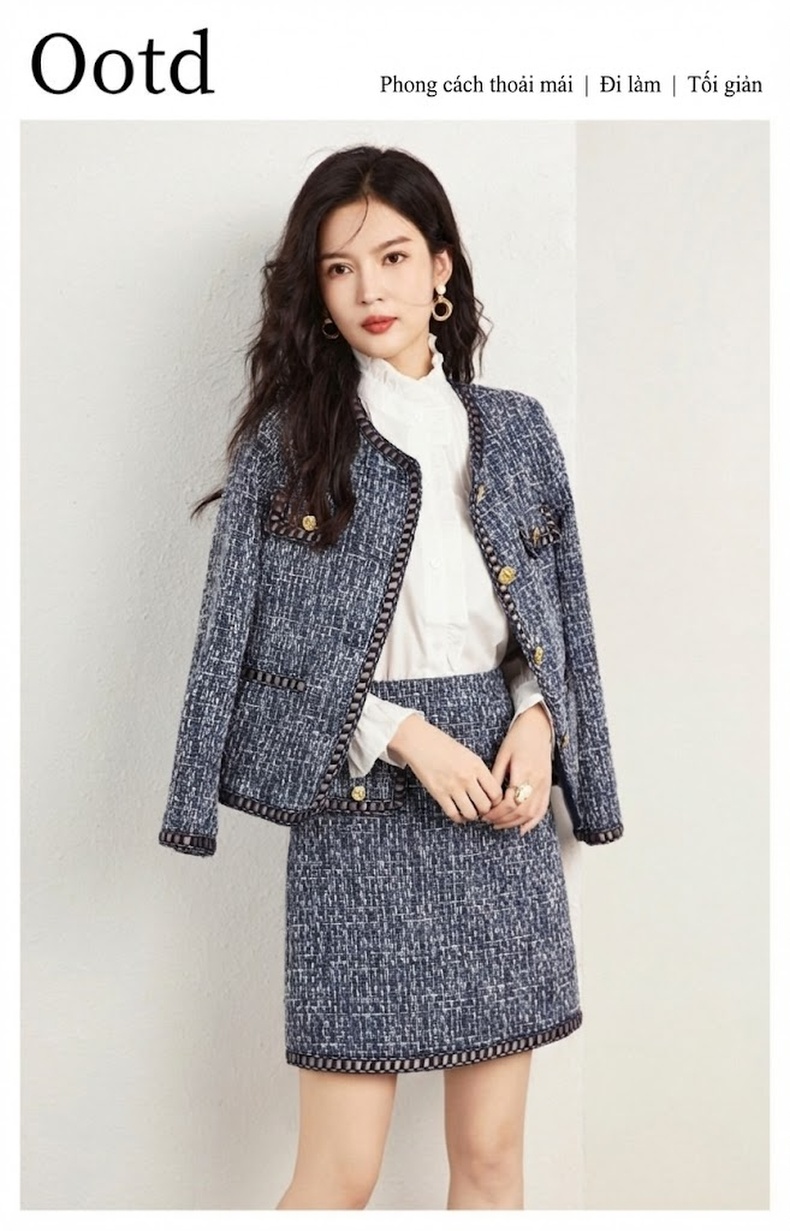 Set Áo Khoác Lửng Dạ Tweed Tiểu Thư và Chân Váy Ngắn Thanh Lịch Màu Xanh Navy chi tiết 1