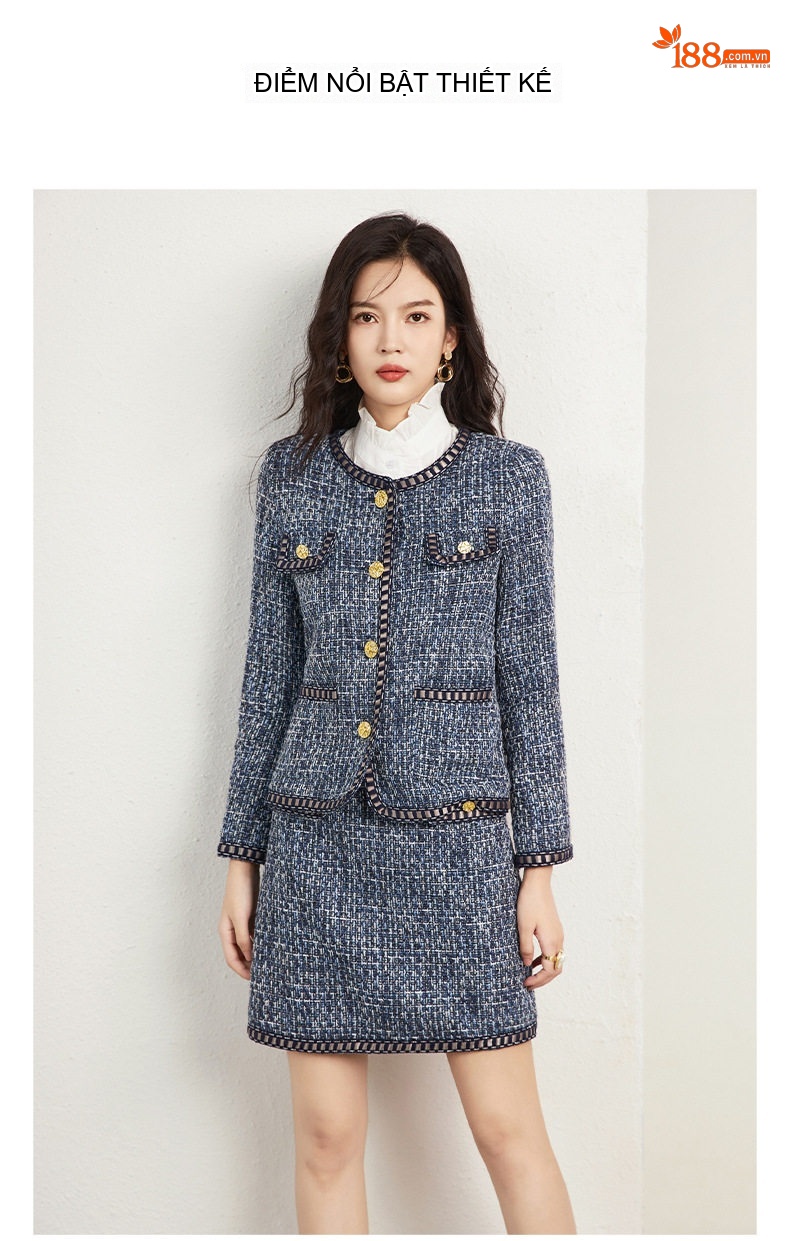 Set Áo Khoác Lửng Dạ Tweed Tiểu Thư và Chân Váy Ngắn Thanh Lịch Màu Xanh Navy chi tiết 4