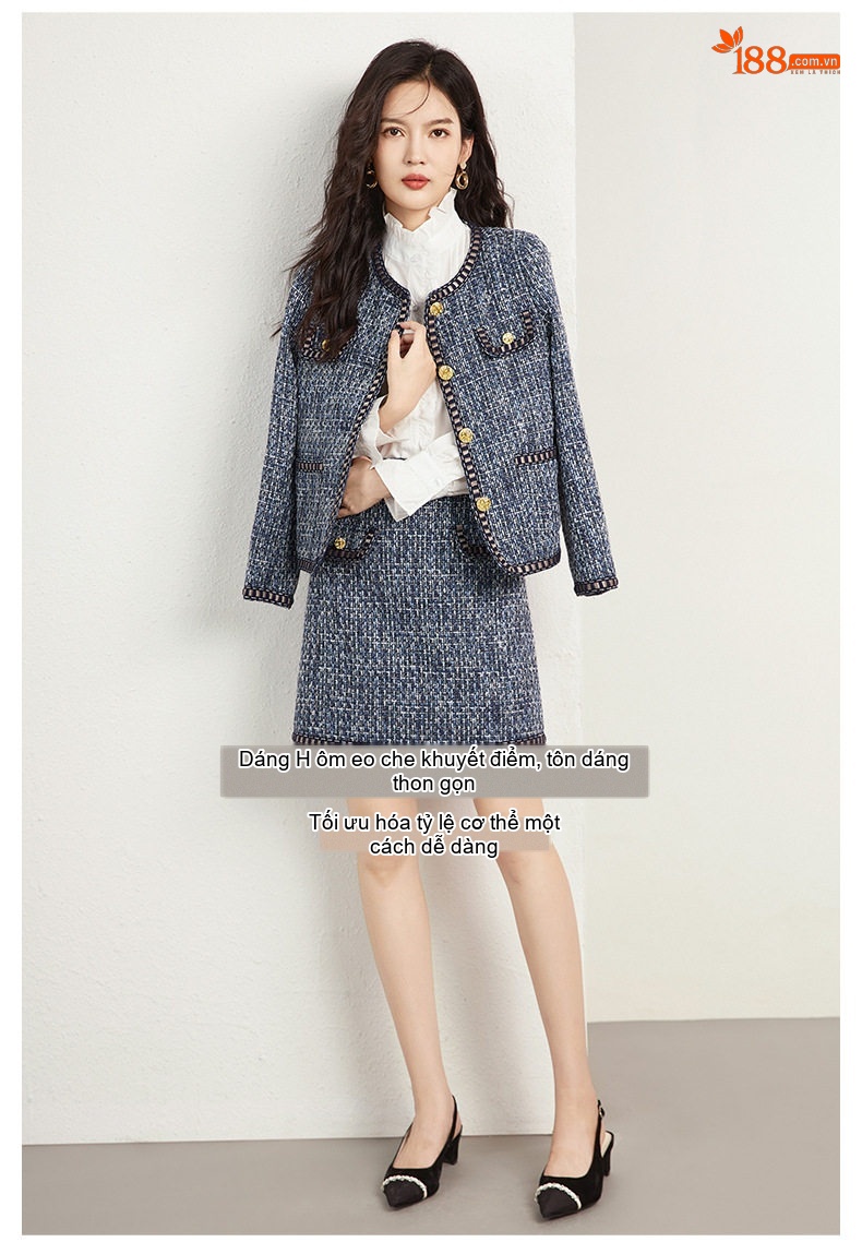 Set Áo Khoác Lửng Dạ Tweed Tiểu Thư và Chân Váy Ngắn Thanh Lịch Màu Xanh Navy chi tiết 6