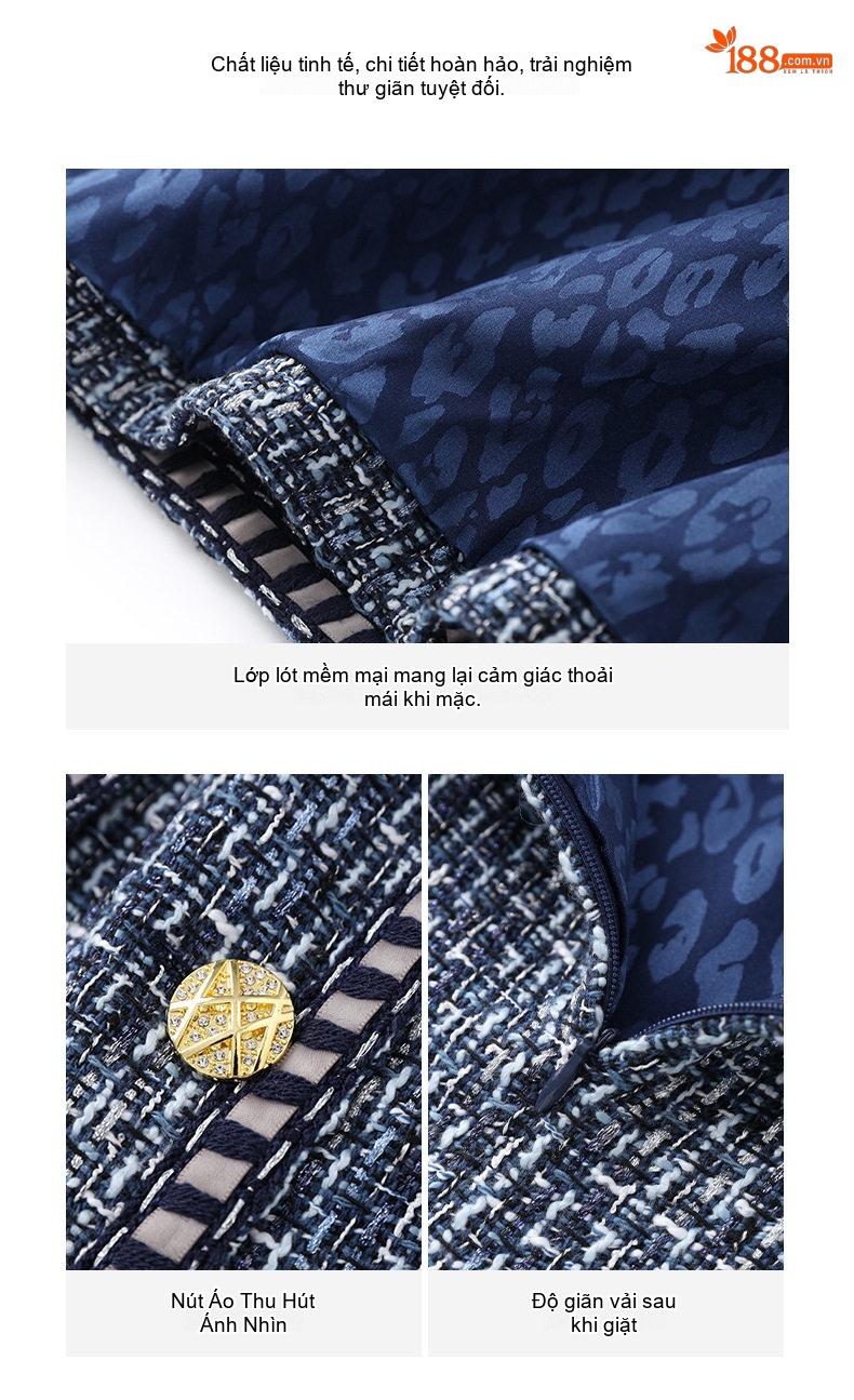 Set Áo Khoác Lửng Dạ Tweed Tiểu Thư và Chân Váy Ngắn Thanh Lịch Màu Xanh Navy chi tiết 10