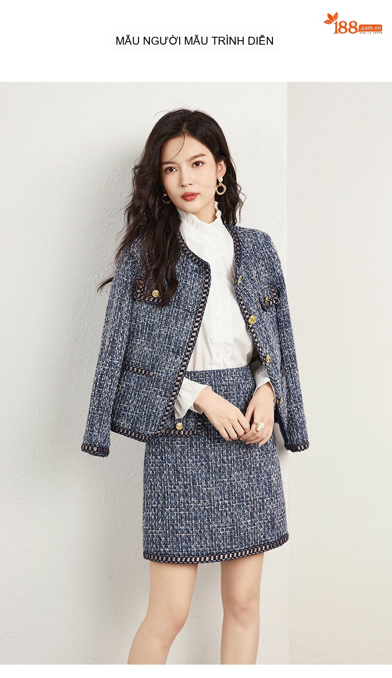 Set Áo Khoác Lửng Dạ Tweed Tiểu Thư và Chân Váy Ngắn Thanh Lịch Màu Xanh Navy chi tiết 11