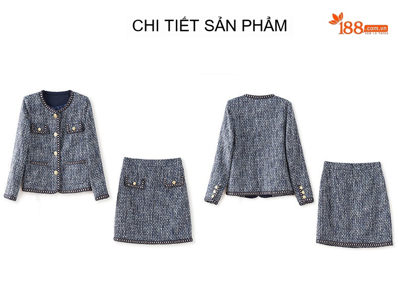 Set Áo Khoác Lửng Dạ Tweed Tiểu Thư và Chân Váy Ngắn Thanh Lịch Màu Xanh Navy chi tiết 14