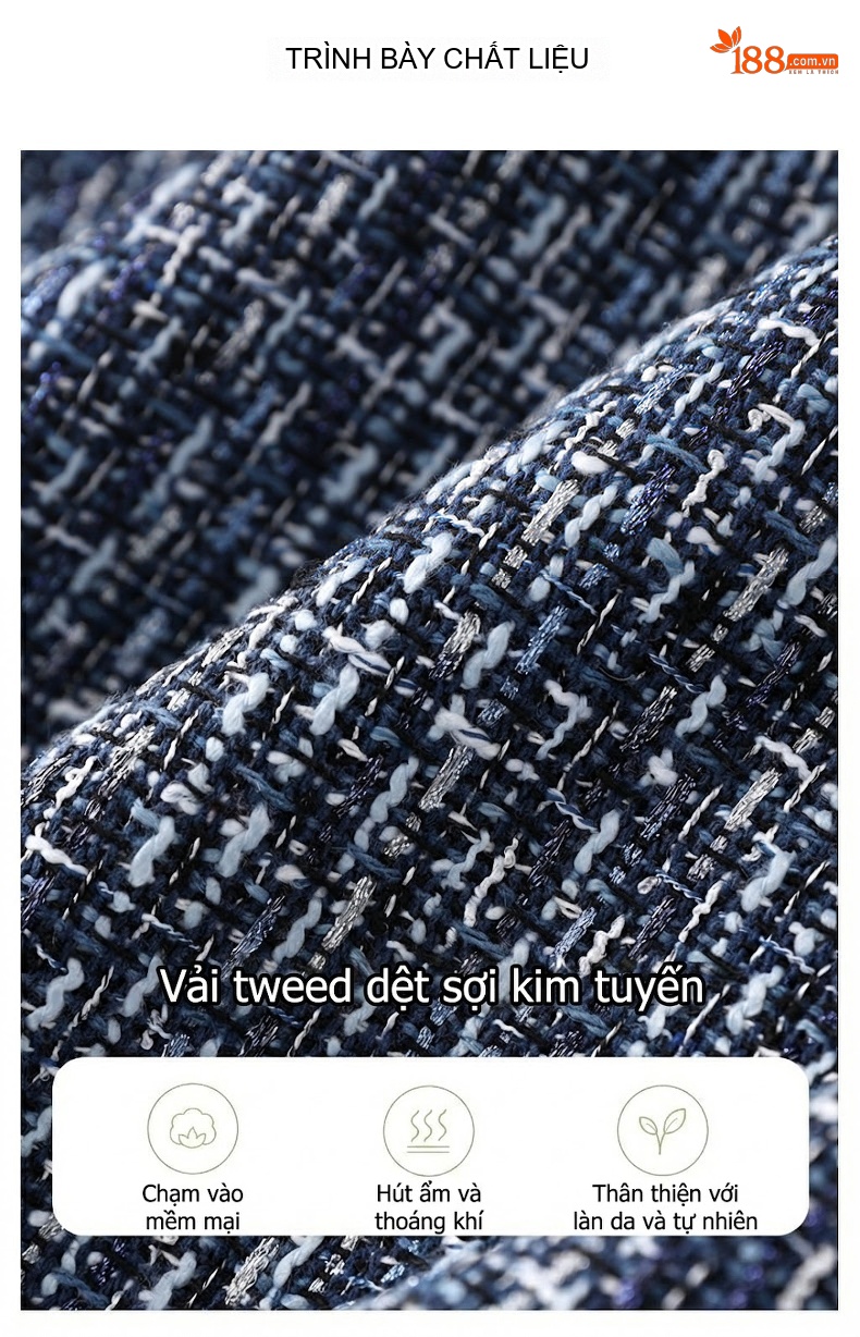 Set Áo Khoác Lửng Dạ Tweed Tiểu Thư và Chân Váy Ngắn Thanh Lịch Màu Xanh Navy chi tiết 9