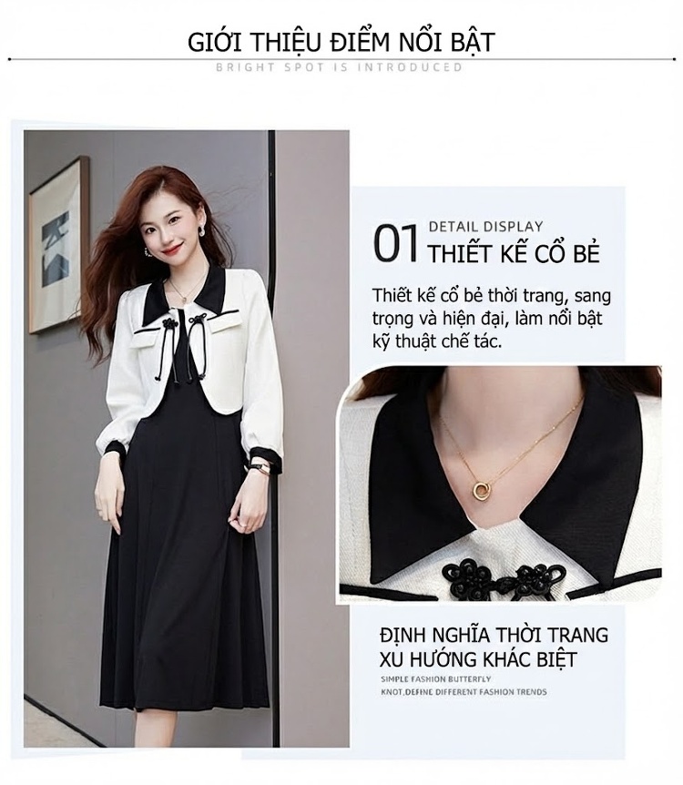 Set Áo Khoác Lửng Nữ Dệt Kim Phối Màu Thời Trang Kèm Váy Liền Thân Thanh Lịch Màu Đen, Trắng chi tiết 5