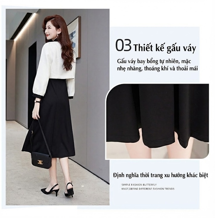 Set Áo Khoác Lửng Nữ Dệt Kim Phối Màu Thời Trang Kèm Váy Liền Thân Thanh Lịch Màu Đen, Trắng chi tiết 7