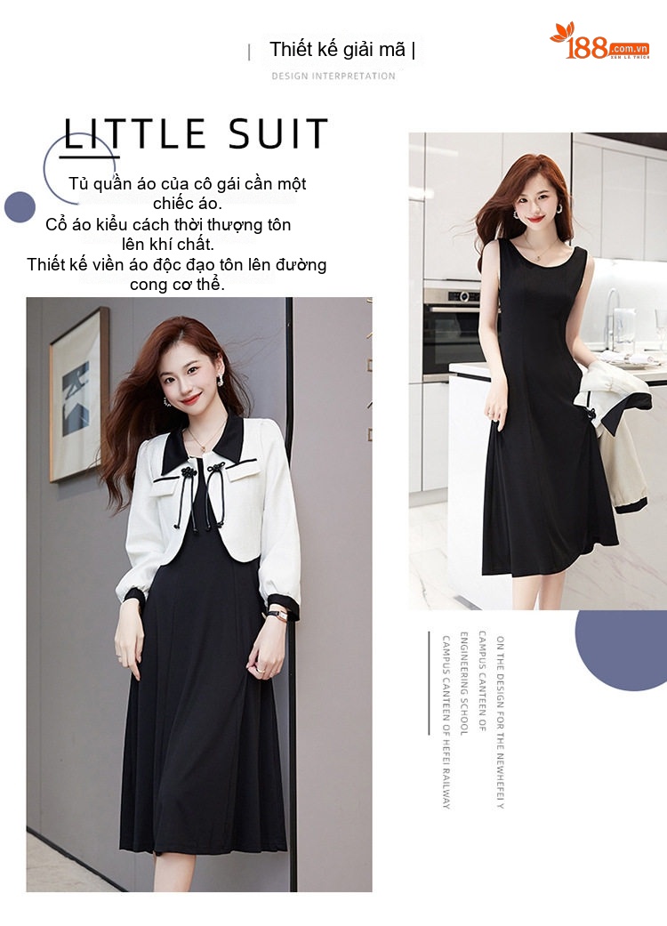 Set Áo Khoác Lửng Nữ Dệt Kim Phối Màu Thời Trang Kèm Váy Liền Thân Thanh Lịch Màu Đen, Trắng chi tiết 2