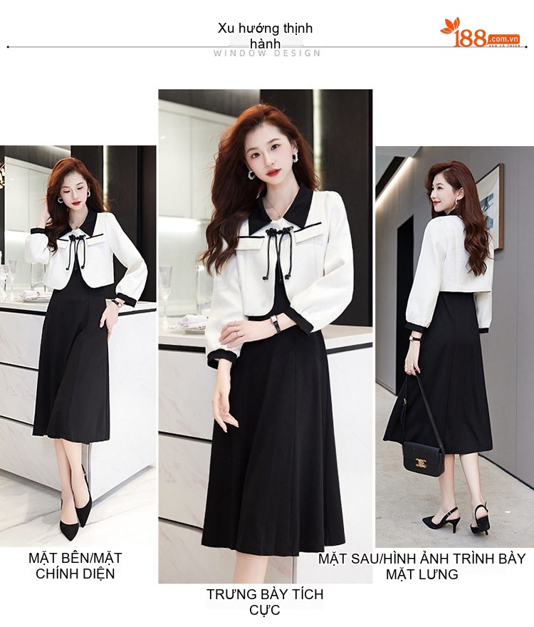 Set Áo Khoác Lửng Nữ Dệt Kim Phối Màu Thời Trang Kèm Váy Liền Thân Thanh Lịch Màu Đen, Trắng chi tiết 4