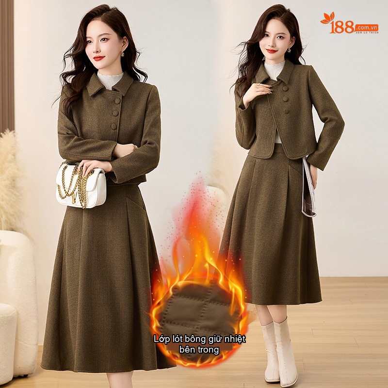 Set Áo Khoác Lửng Tay Dài Vải Flanel Chần Bông Và Chân Váy Midi Phong Cách Tiểu Thư Màu Nâu Đỏ, Xanh Rêu