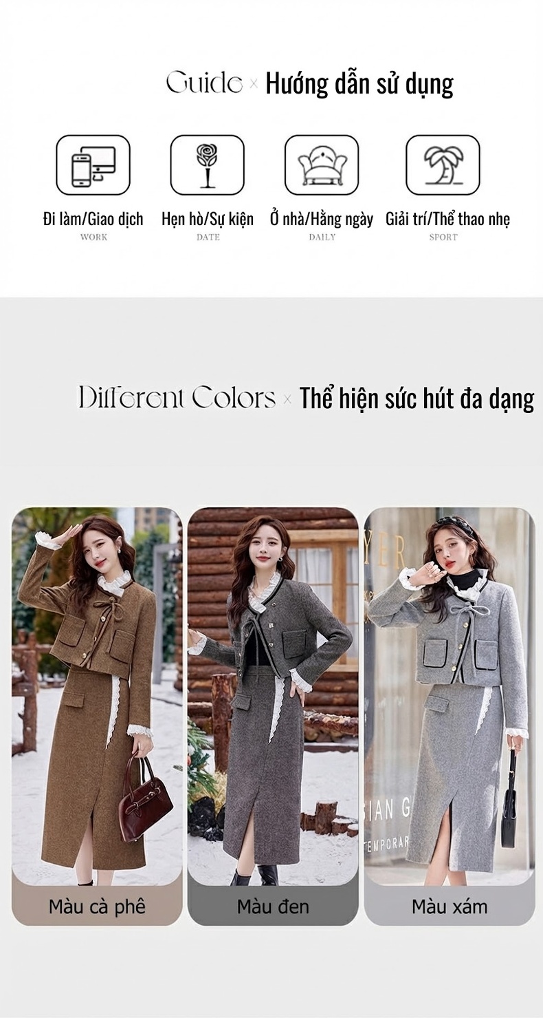 Set Áo Khoác Lửng và Chân Váy Dáng Ôm Phong Cách Tiểu Thư Màu Nâu, Xám chi tiết 6