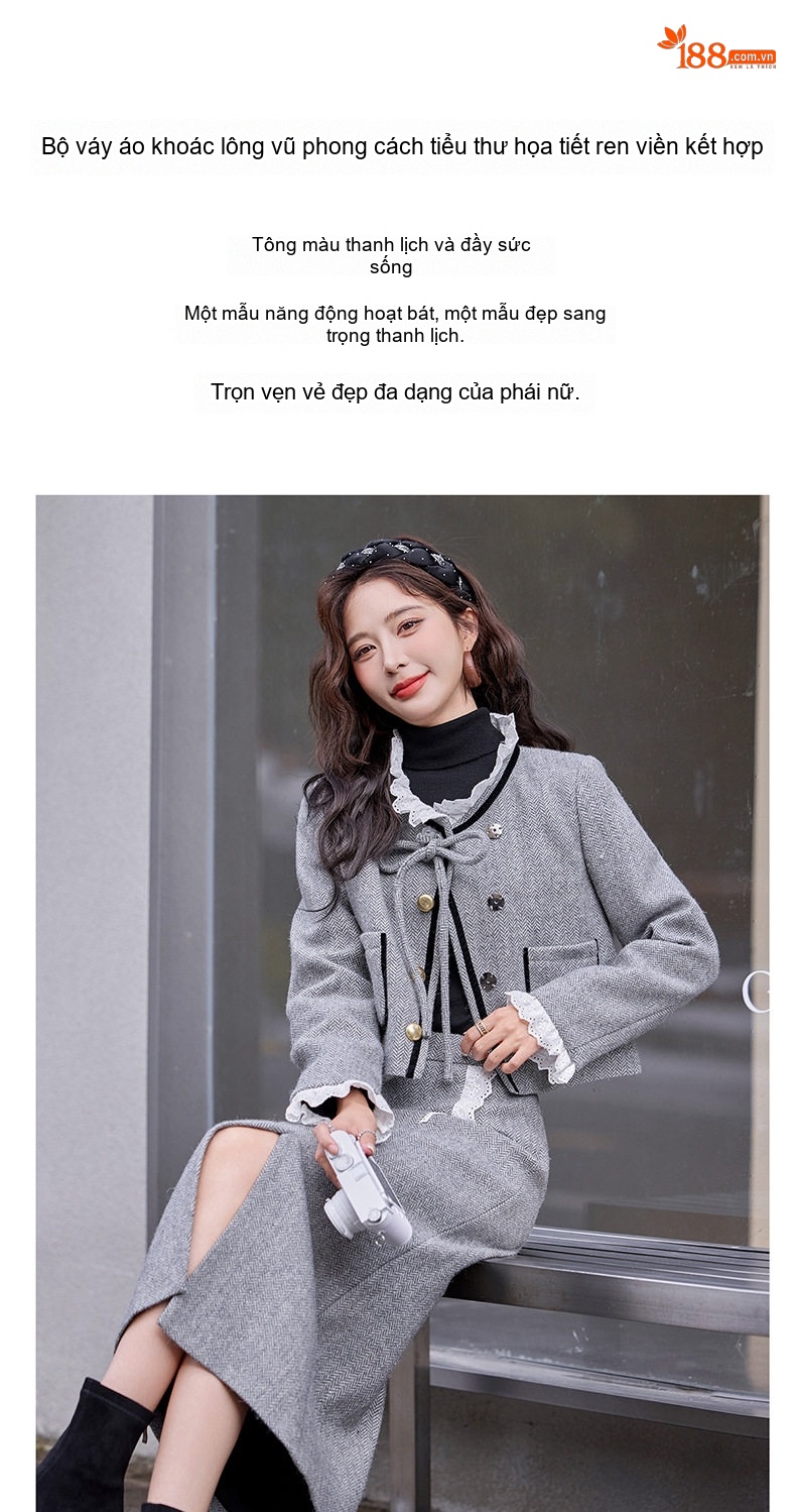 Set Áo Khoác Lửng và Chân Váy Dáng Ôm Phong Cách Tiểu Thư Màu Nâu, Xám chi tiết 8