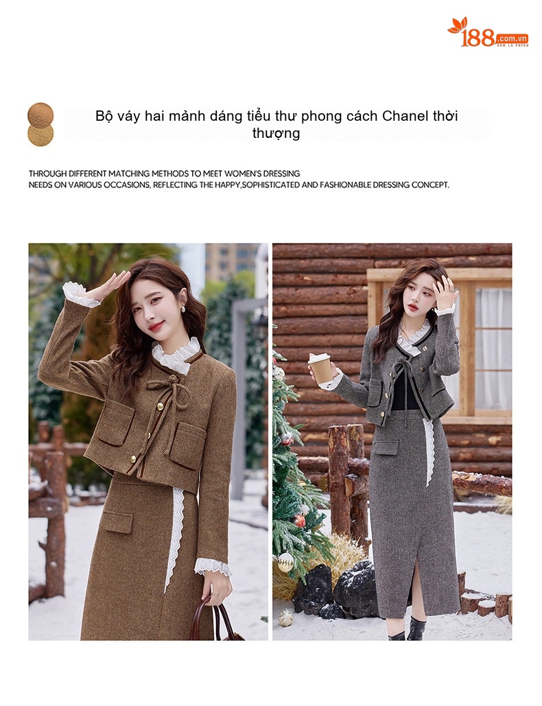 Set Áo Khoác Lửng và Chân Váy Dáng Ôm Phong Cách Tiểu Thư Màu Nâu, Xám chi tiết 11