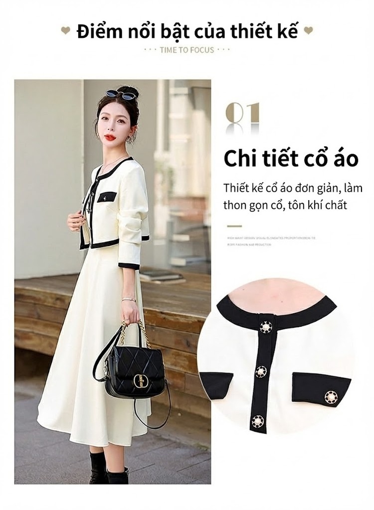 Set Áo Khoác Lửng và Chân Váy Midi Phong Cách Tiểu Thư Thanh Lịch Màu Trắng Kem, Đen chi tiết 4