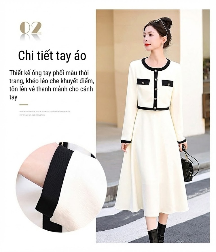 Set Áo Khoác Lửng và Chân Váy Midi Phong Cách Tiểu Thư Thanh Lịch Màu Trắng Kem, Đen chi tiết 5