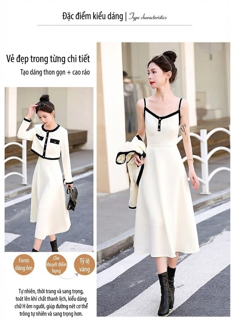 Set Áo Khoác Lửng và Chân Váy Midi Phong Cách Tiểu Thư Thanh Lịch Màu Trắng Kem, Đen chi tiết 6