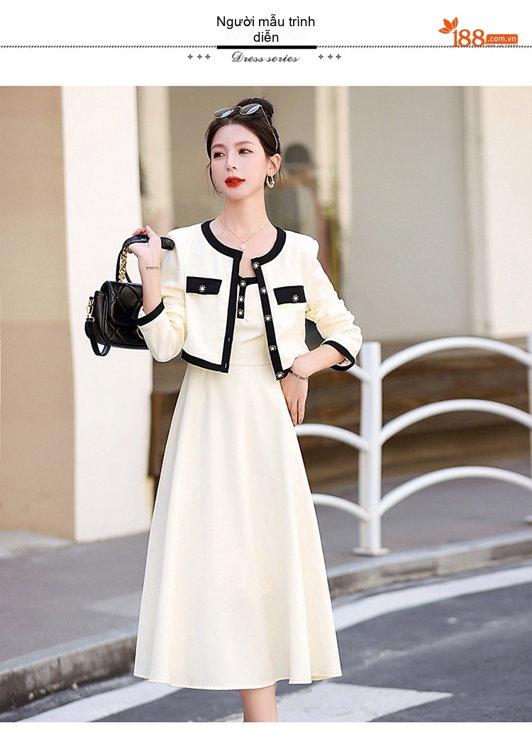 Set Áo Khoác Lửng và Chân Váy Midi Phong Cách Tiểu Thư Thanh Lịch Màu Trắng Kem, Đen chi tiết 9