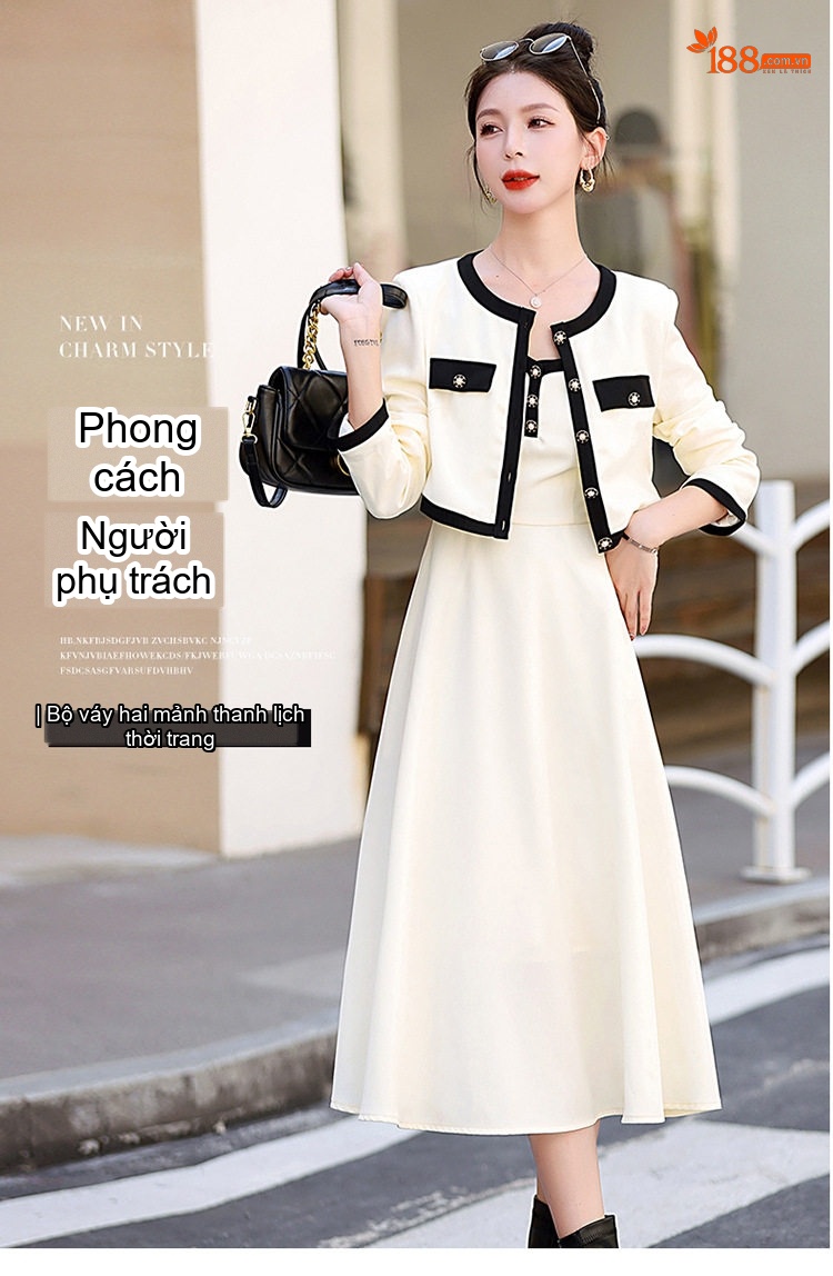 Set Áo Khoác Lửng và Chân Váy Midi Phong Cách Tiểu Thư Thanh Lịch Màu Trắng Kem, Đen chi tiết 1