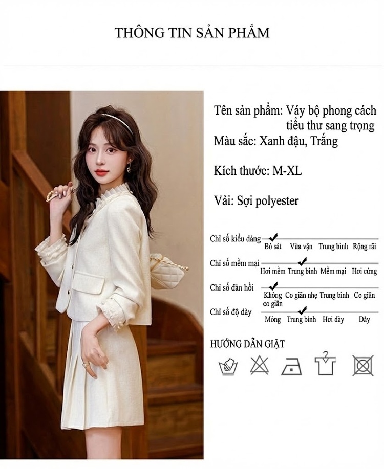 Set Áo Khoác Lửng và Chân Váy Ngắn Tiểu Thư Đính Hạt Phong Cách Hàn Quốc Màu Trắng, Xanh chi tiết 13