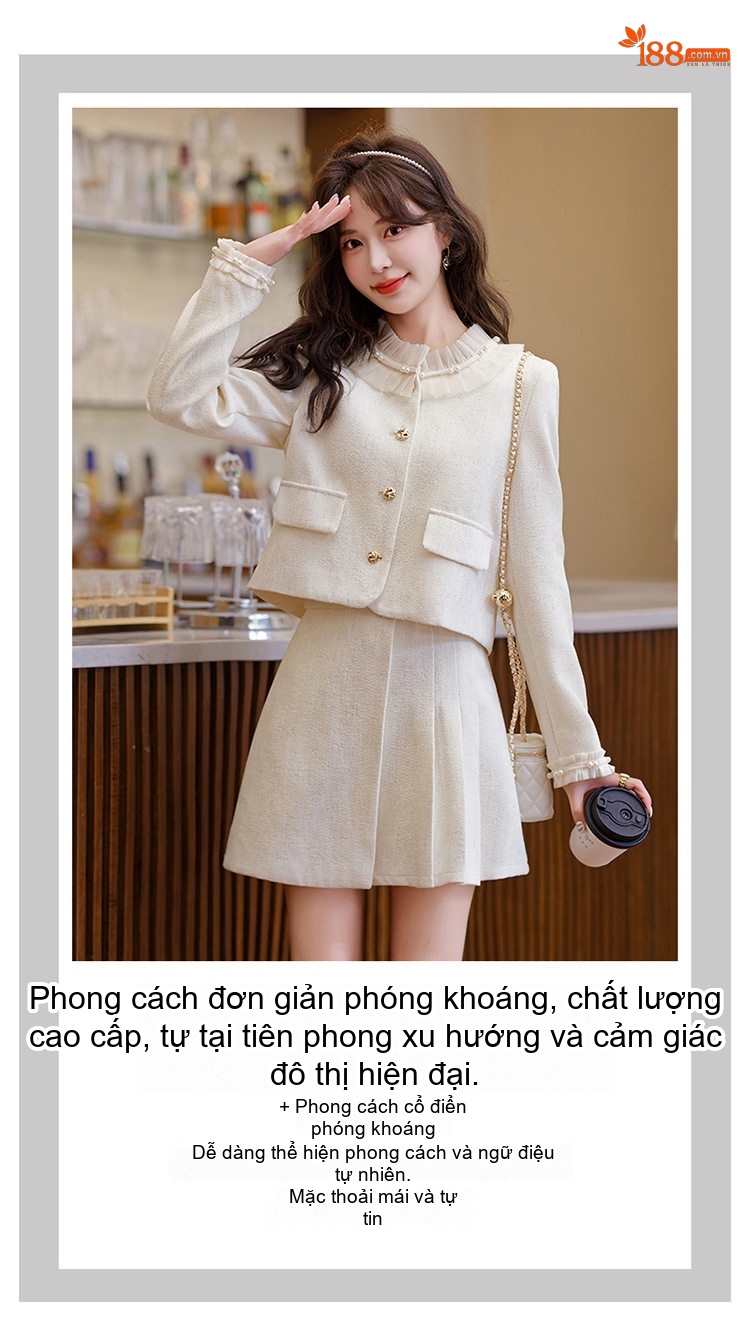 Set Áo Khoác Lửng và Chân Váy Ngắn Tiểu Thư Đính Hạt Phong Cách Hàn Quốc Màu Trắng, Xanh chi tiết 4