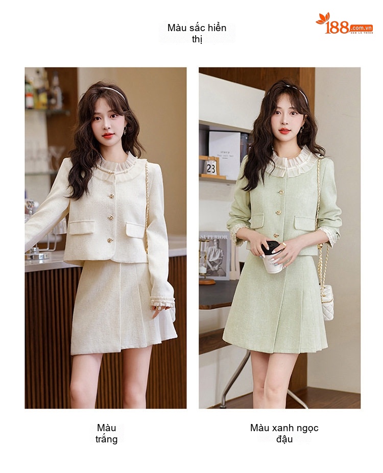 Set Áo Khoác Lửng và Chân Váy Ngắn Tiểu Thư Đính Hạt Phong Cách Hàn Quốc Màu Trắng, Xanh chi tiết 5