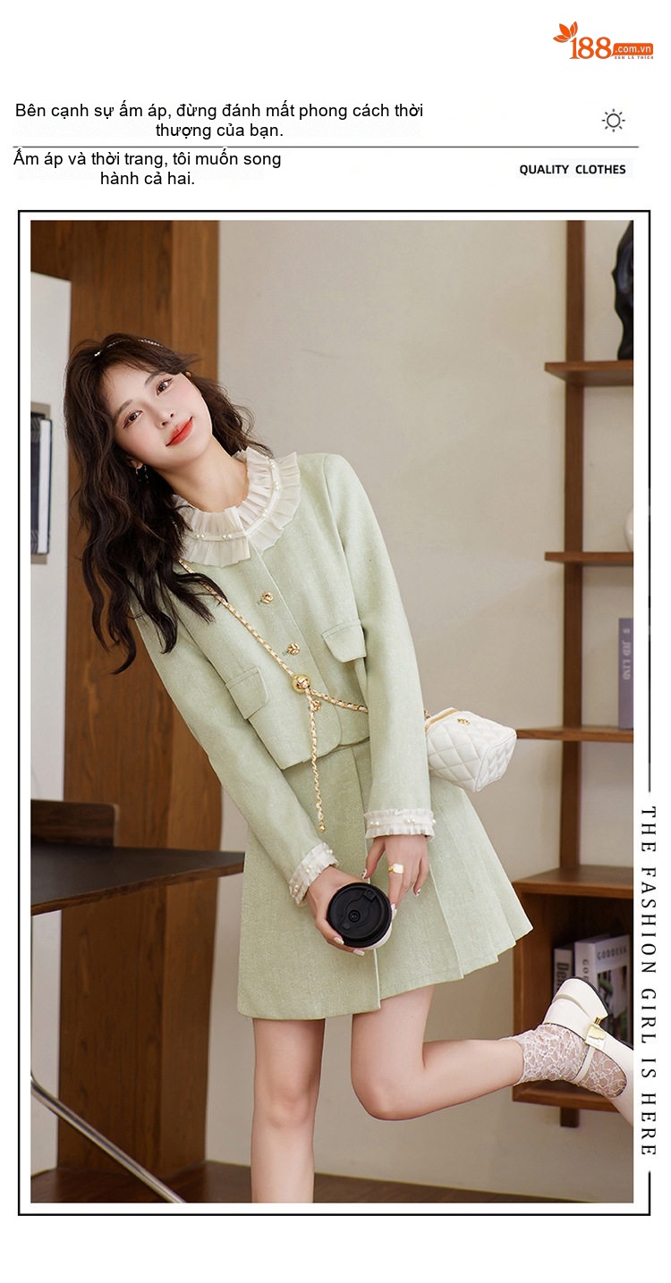Set Áo Khoác Lửng và Chân Váy Ngắn Tiểu Thư Đính Hạt Phong Cách Hàn Quốc Màu Trắng, Xanh chi tiết 6
