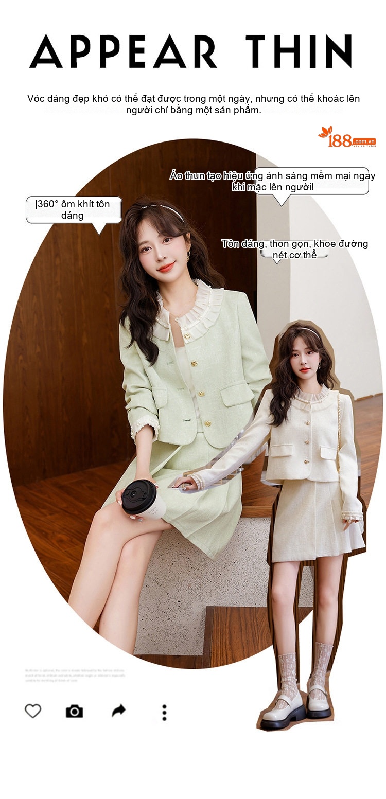 Set Áo Khoác Lửng và Chân Váy Ngắn Tiểu Thư Đính Hạt Phong Cách Hàn Quốc Màu Trắng, Xanh chi tiết 7