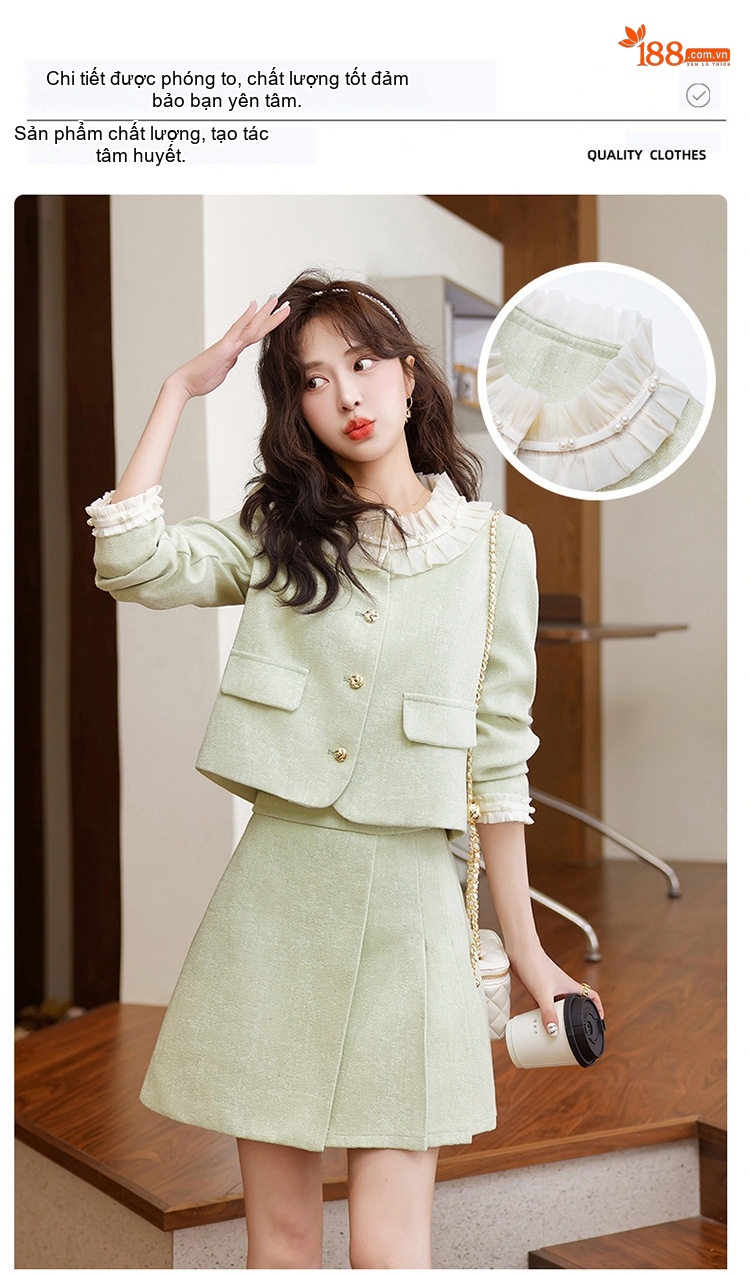 Set Áo Khoác Lửng và Chân Váy Ngắn Tiểu Thư Đính Hạt Phong Cách Hàn Quốc Màu Trắng, Xanh chi tiết 8