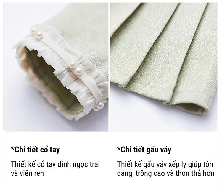 Set Áo Khoác Lửng và Chân Váy Ngắn Tiểu Thư Đính Hạt Phong Cách Hàn Quốc Màu Trắng, Xanh chi tiết 9