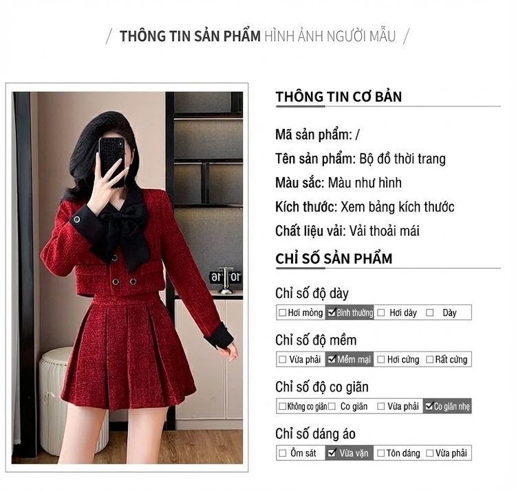 Set Áo Khoác Lửng và Chân Váy Ngắn Vải Tweed Phong Cách Tiểu Thư Màu Đỏ, Đen chi tiết 4