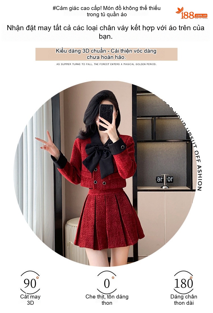 Set Áo Khoác Lửng và Chân Váy Ngắn Vải Tweed Phong Cách Tiểu Thư Màu Đỏ, Đen chi tiết 2