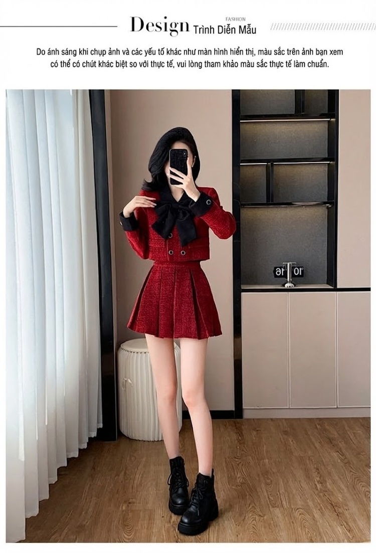 Set Áo Khoác Lửng và Chân Váy Ngắn Vải Tweed Phong Cách Tiểu Thư Màu Đỏ, Đen chi tiết 5