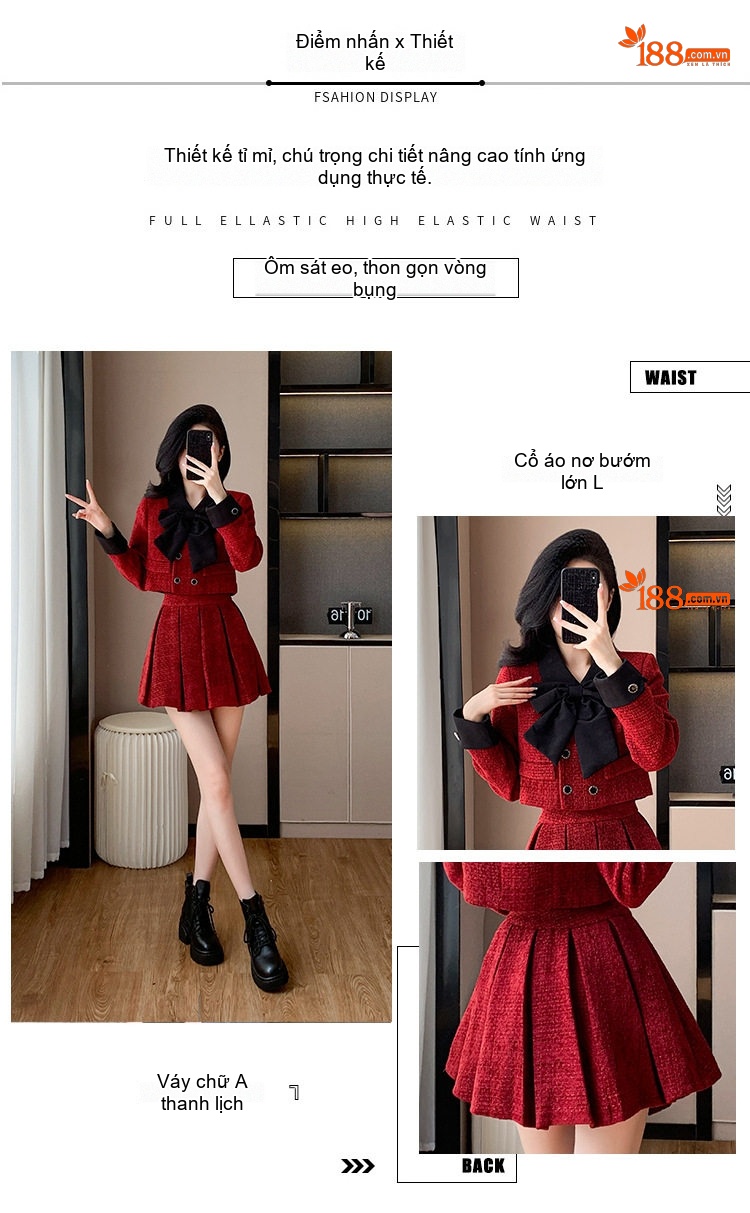 Set Áo Khoác Lửng và Chân Váy Ngắn Vải Tweed Phong Cách Tiểu Thư Màu Đỏ, Đen chi tiết 3