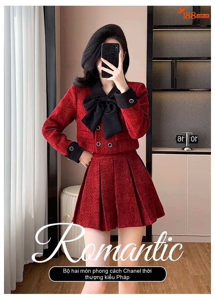 Set Áo Khoác Lửng và Chân Váy Ngắn Vải Tweed Phong Cách Tiểu Thư Màu Đỏ, Đen chi tiết 1