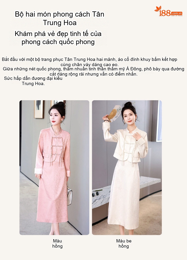 Set Áo Khoác Quần Áo Nữ Phong Cách Trung Hoa Cách Tân, Áo Cộc Tay Cổ Tàu, Chân Váy Midi Màu Trắng, Hồng chi tiết 2