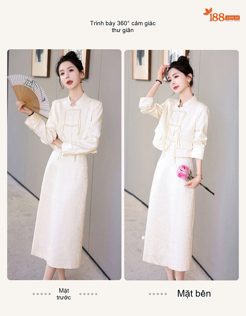 Set Áo Khoác Quần Áo Nữ Phong Cách Trung Hoa Cách Tân, Áo Cộc Tay Cổ Tàu, Chân Váy Midi Màu Trắng, Hồng chi tiết 5