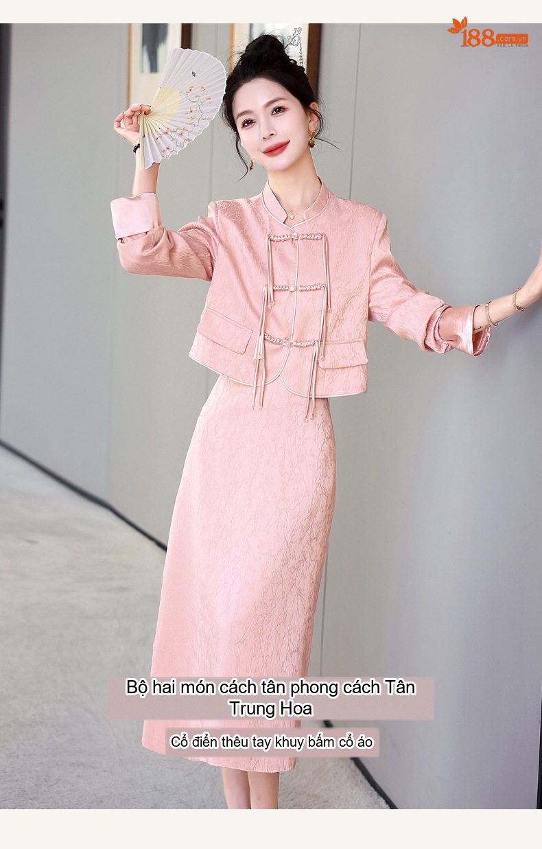 Set Áo Khoác Quần Áo Nữ Phong Cách Trung Hoa Cách Tân, Áo Cộc Tay Cổ Tàu, Chân Váy Midi Màu Trắng, Hồng chi tiết 6