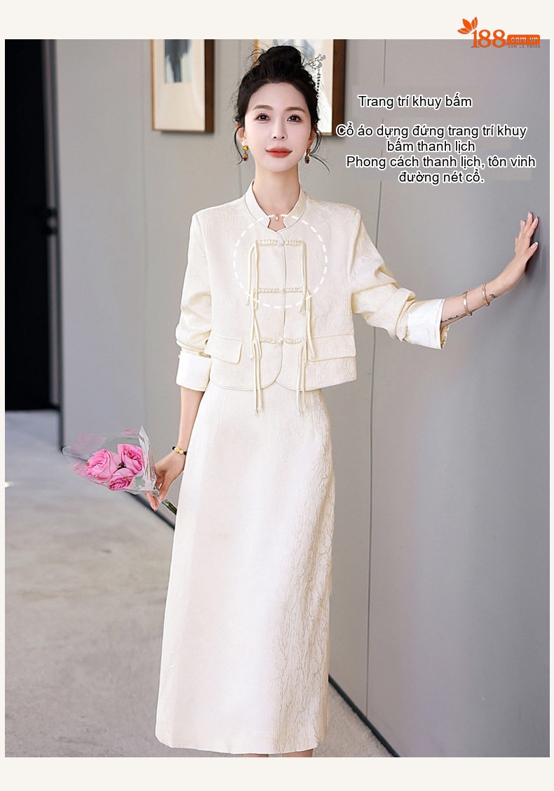 Set Áo Khoác Quần Áo Nữ Phong Cách Trung Hoa Cách Tân, Áo Cộc Tay Cổ Tàu, Chân Váy Midi Màu Trắng, Hồng chi tiết 7