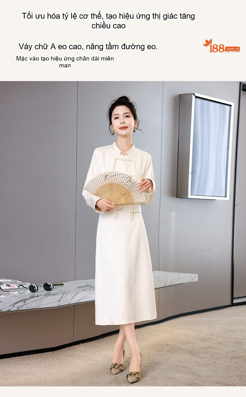 Set Áo Khoác Quần Áo Nữ Phong Cách Trung Hoa Cách Tân, Áo Cộc Tay Cổ Tàu, Chân Váy Midi Màu Trắng, Hồng chi tiết 9