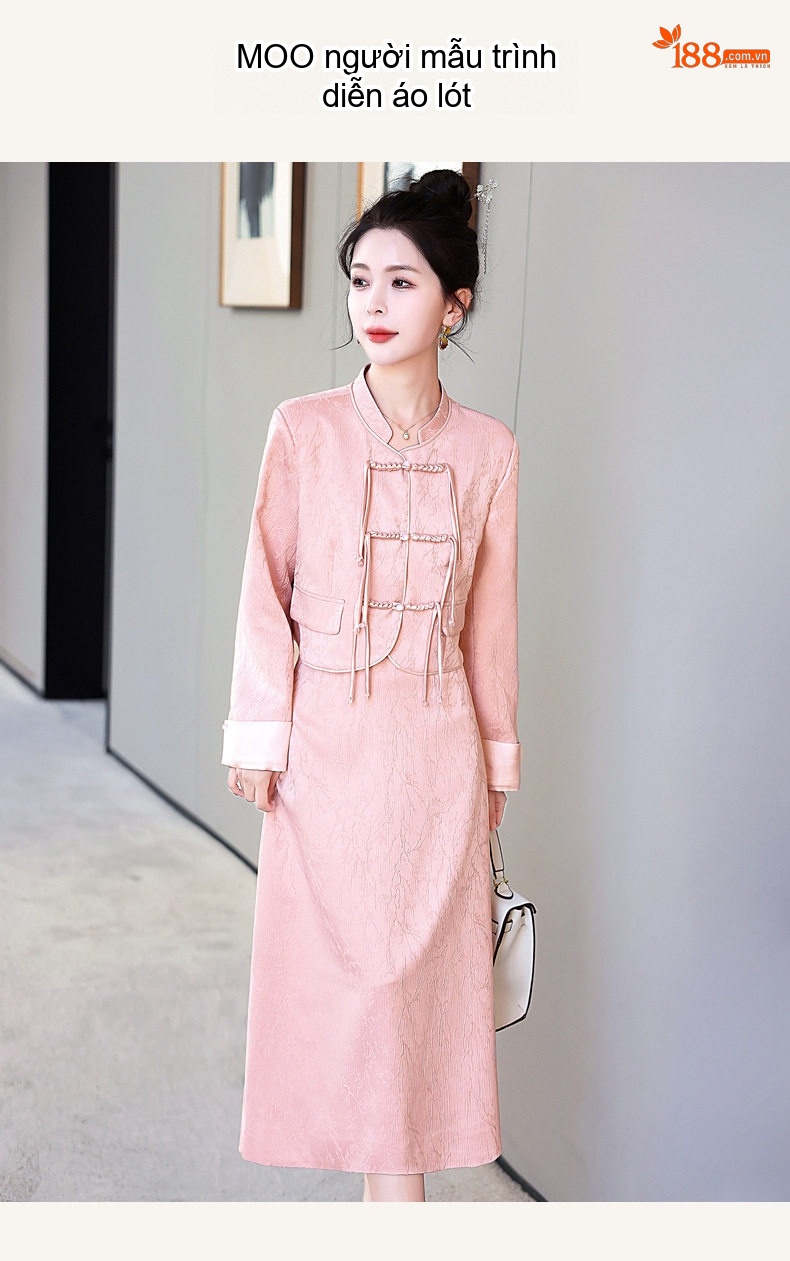 Set Áo Khoác Quần Áo Nữ Phong Cách Trung Hoa Cách Tân, Áo Cộc Tay Cổ Tàu, Chân Váy Midi Màu Trắng, Hồng chi tiết 12