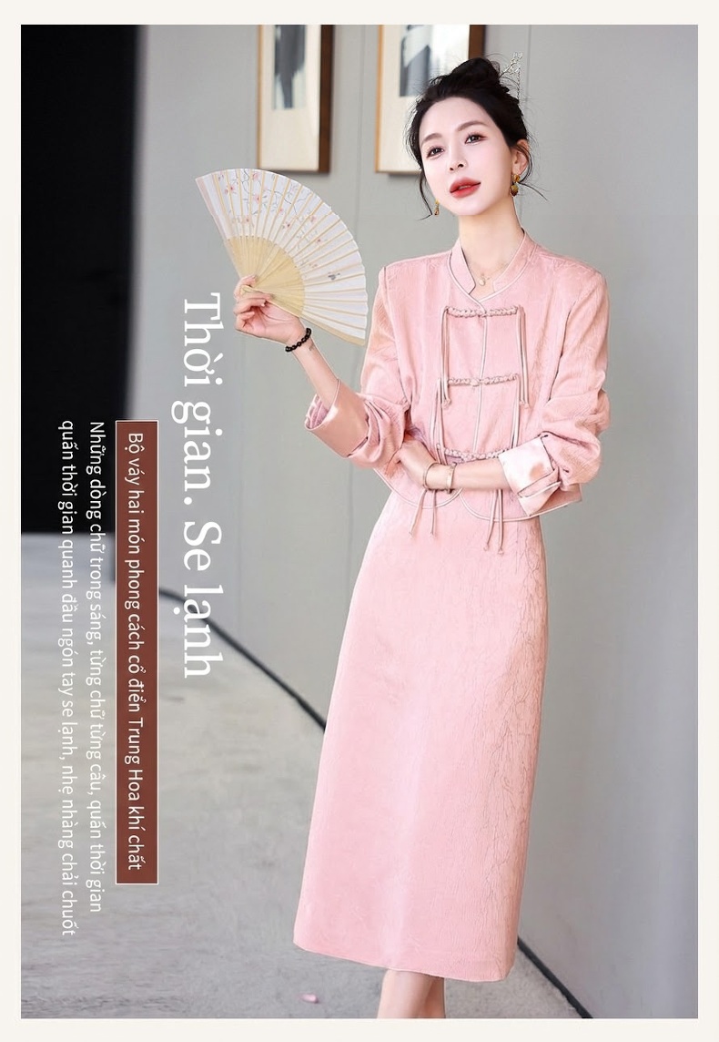 Set Áo Khoác Quần Áo Nữ Phong Cách Trung Hoa Cách Tân, Áo Cộc Tay Cổ Tàu, Chân Váy Midi Màu Trắng, Hồng chi tiết 1
