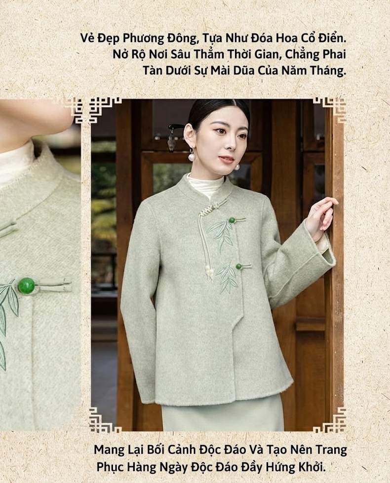 Set Áo Khoác Quần Chân Váy Dáng Ôm Cổ Tàu Tay Loe Khuy Cài Tân Cổ Điển Màu Xanh Bạc Hà chi tiết 6