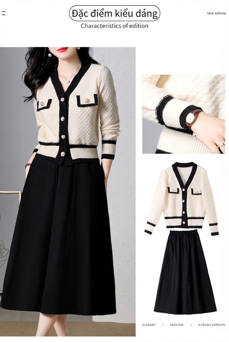 Set Áo Khoác Tay Dài và Chân Váy Xòe Tiểu Thư Phong Cách Thời Trang Nữ Màu Trắng Kem, Đen chi tiết 3