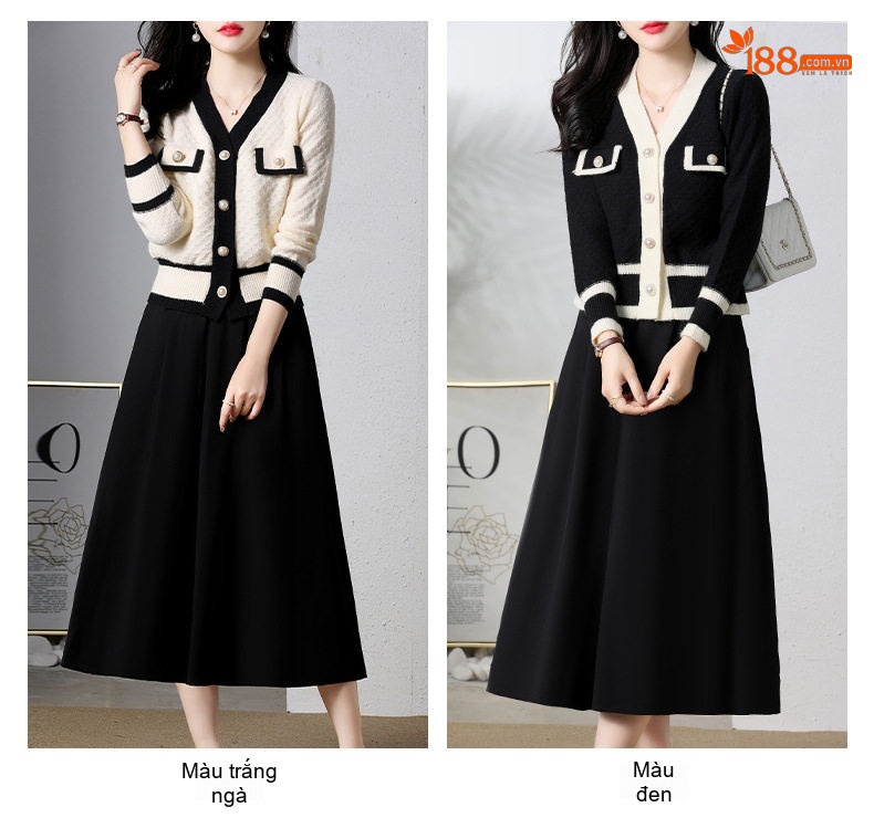Set Áo Khoác Tay Dài và Chân Váy Xòe Tiểu Thư Phong Cách Thời Trang Nữ Màu Trắng Kem, Đen chi tiết 9