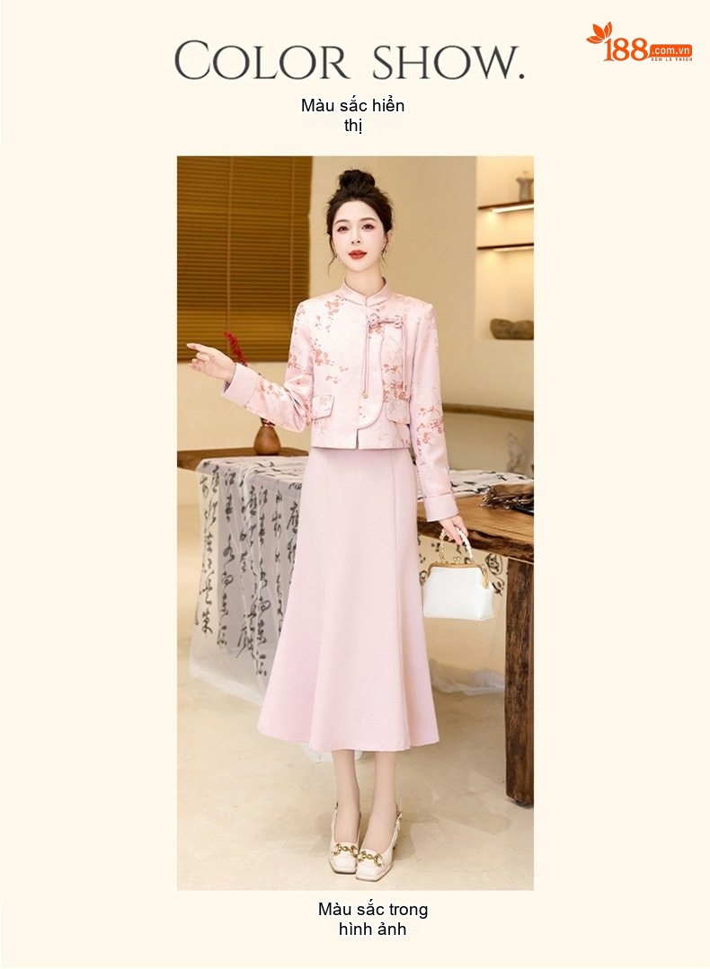 Set Áo Khoác Tiểu Hương Nữ Cổ Tàu Tay Lỡ Và Chân Váy Đuôi Cá Màu Hồng chi tiết 12