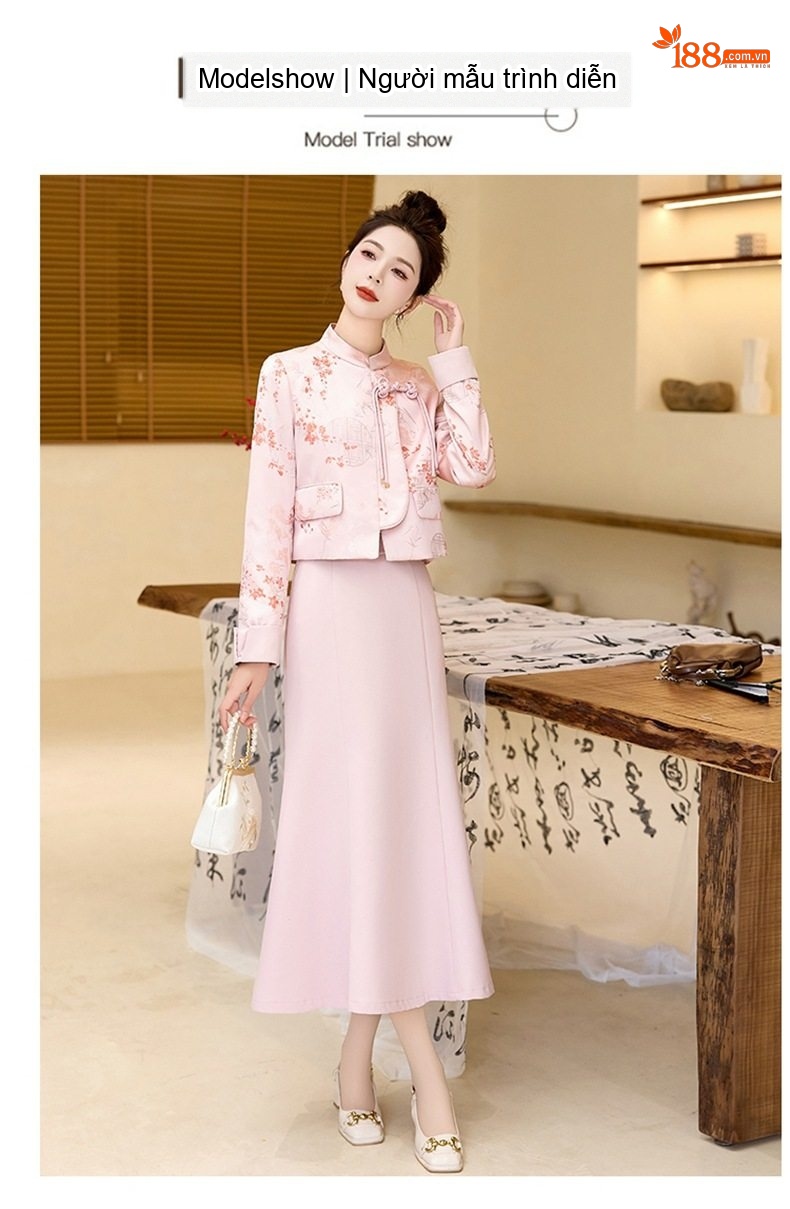 Set Áo Khoác Tiểu Hương Nữ Cổ Tàu Tay Lỡ Và Chân Váy Đuôi Cá Màu Hồng chi tiết 13