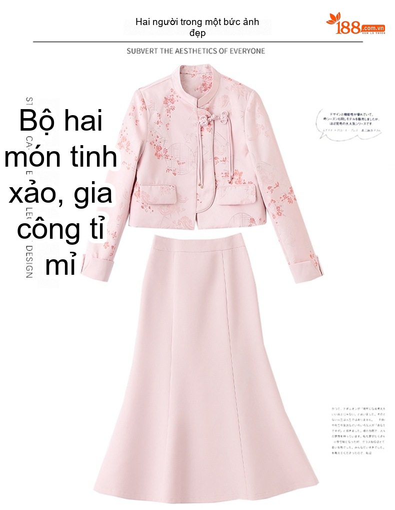 Set Áo Khoác Tiểu Hương Nữ Cổ Tàu Tay Lỡ Và Chân Váy Đuôi Cá Màu Hồng chi tiết 4