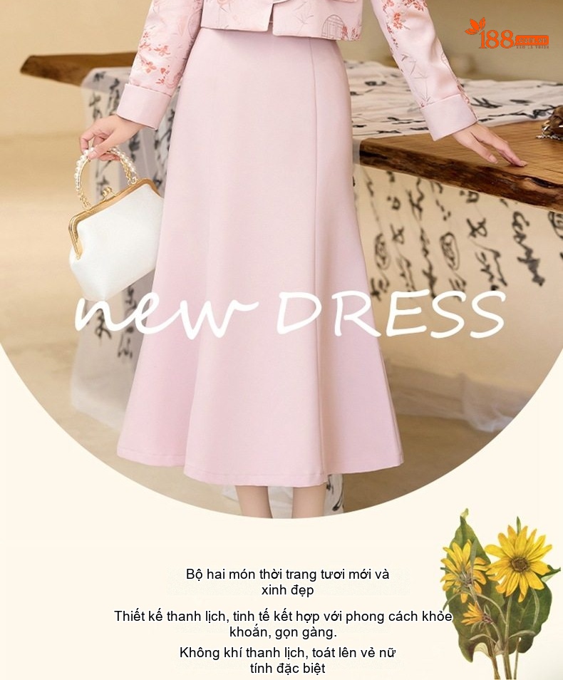 Set Áo Khoác Tiểu Hương Nữ Cổ Tàu Tay Lỡ Và Chân Váy Đuôi Cá Màu Hồng chi tiết 2
